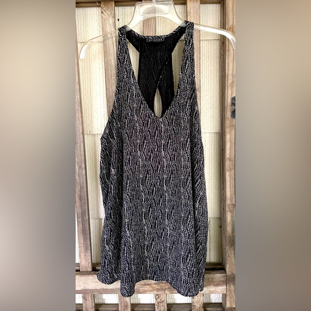 METAPHOR Tank, size Medium, black and cream print, crisscross back